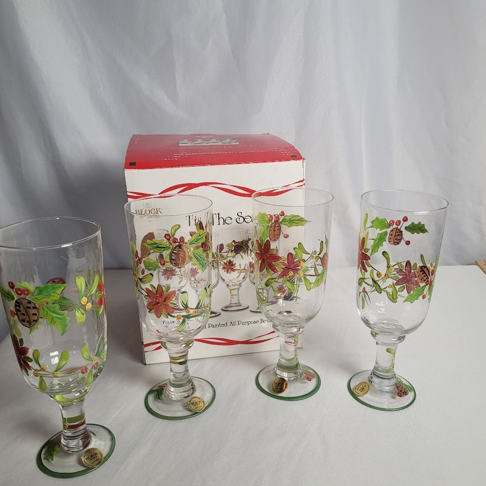 Block Crystal Xmas Hand Painted Tis The Season Holly Poinsettia Beverage Goblets